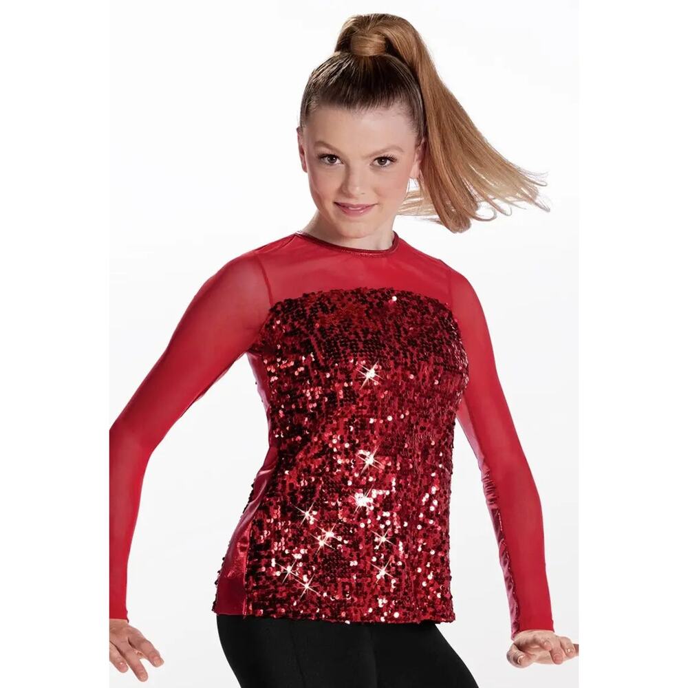 Dance Top Large Child Red Weissman 16344 Jazz Tap Baton Top Long Sleeve Sequin